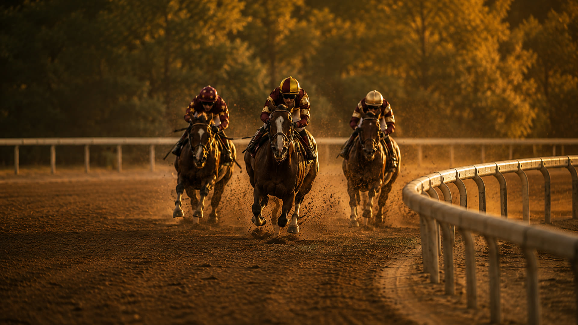 Three thoroughbreds driving off the turn at golden hour