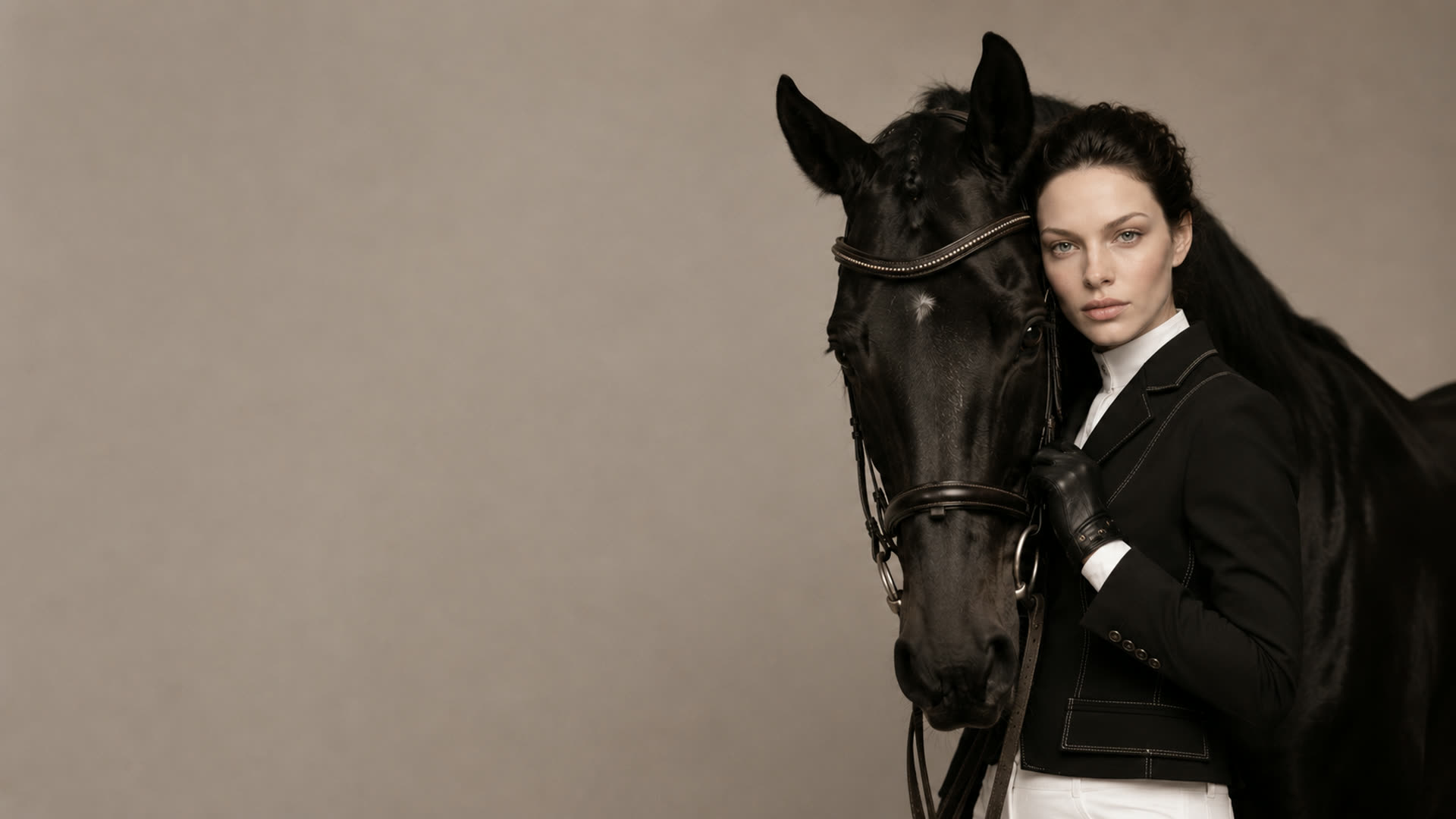 An equestrienne in a black show coat with a dark horse